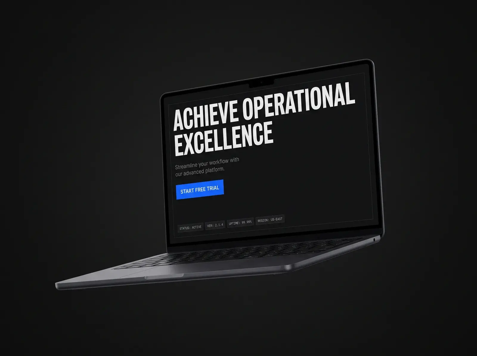 A dark-mode startup landing page on a laptop in a studio