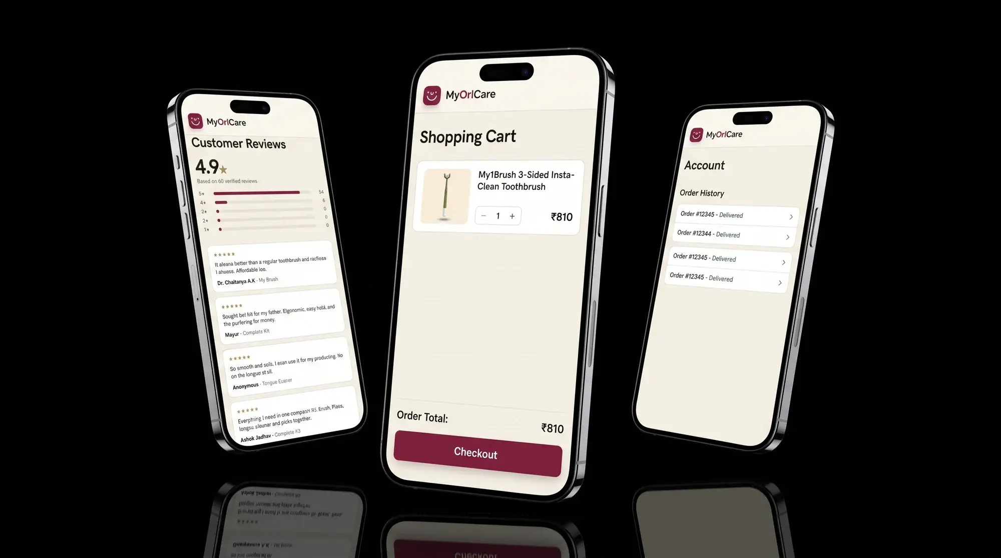 MyOrlCare app — reviews, shopping cart and account screens on three phones