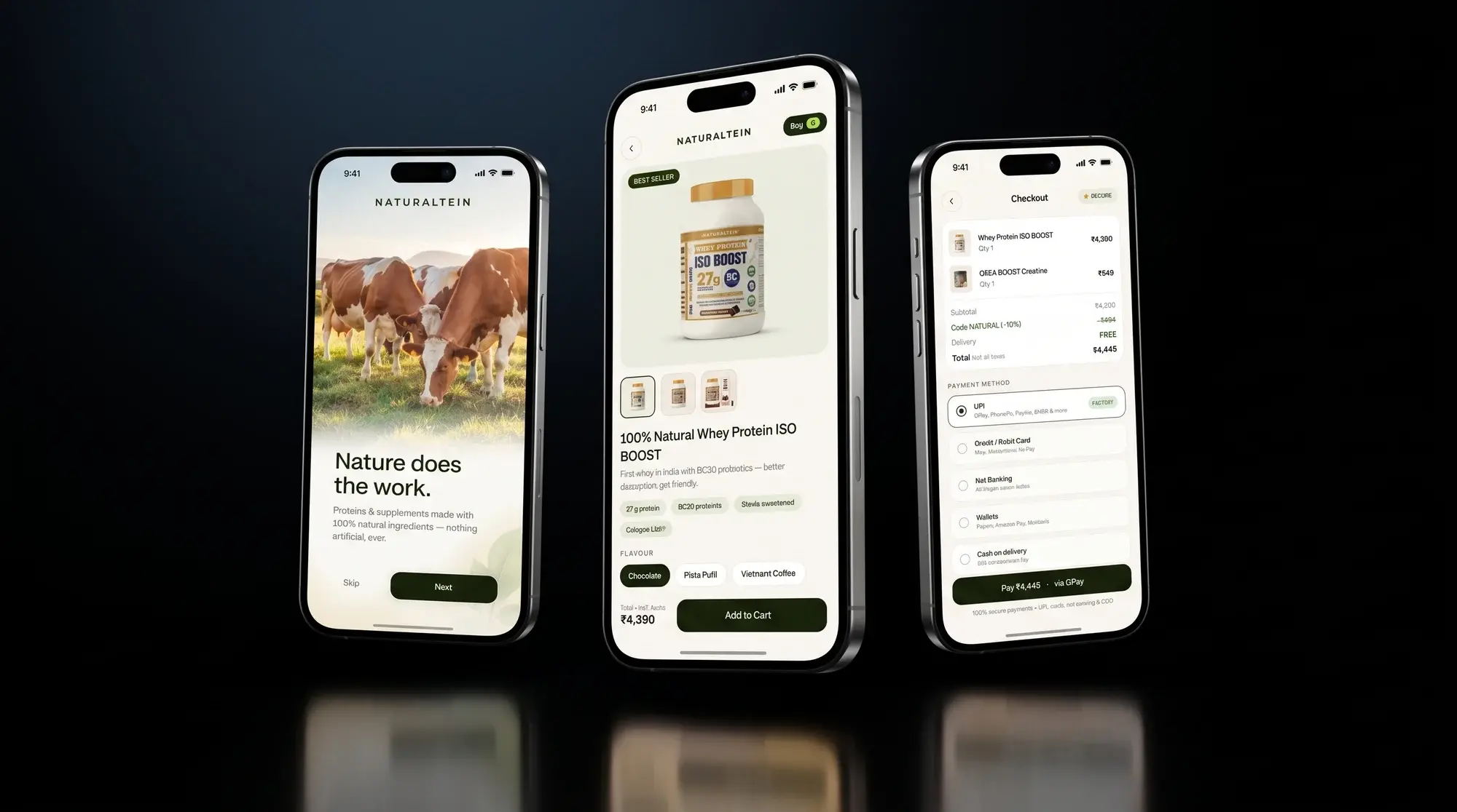 Naturaltein companion app - onboarding, product and checkout screens on three phones