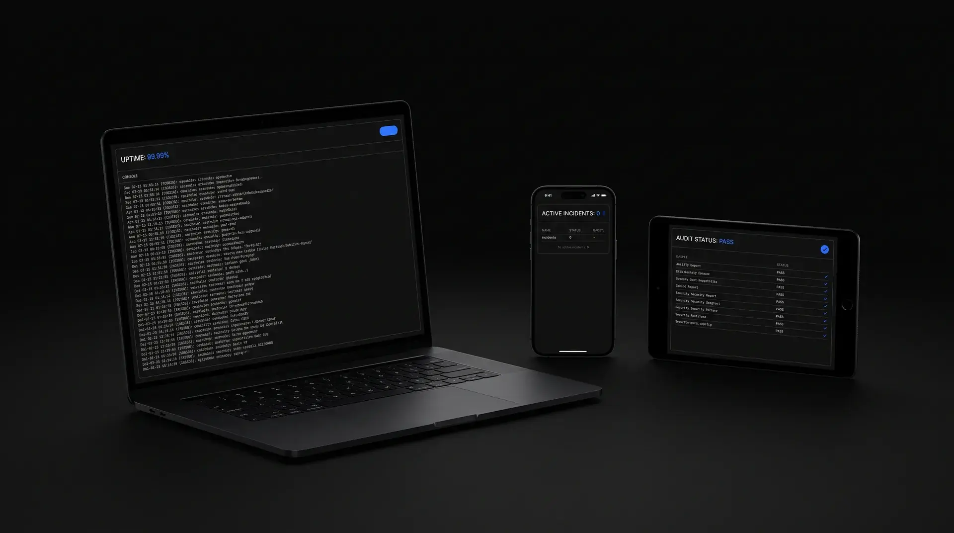 Uptime console, mobile app and security report running the same dark interface language